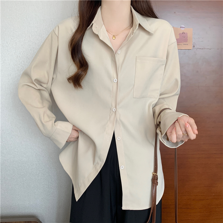 NUZIRO Áo Sơ Mi Nữ Tay Dài Cổ polo Màu Trơn Phong Cách Hàn Quốc