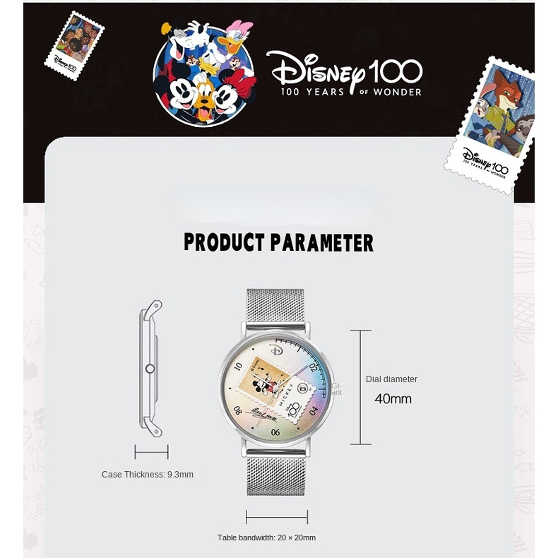 Đồng Hồ Thạch Anh Dạ Quang Kỷ Niệm 100 Năm Disney Kèm Hộp Đựng Hình Mickey Làm Quà Tặng Cho Bé