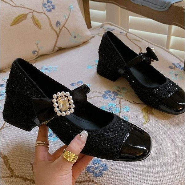Giày Búp Bê Gót Dày Mũi Tròn Bằng Len mary jane Màu Hồng / Đen Phong Cách Trường Học Cho Nữ