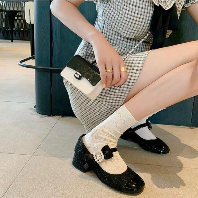 Giày Búp Bê Gót Dày Mũi Tròn Bằng Len mary jane Màu Hồng / Đen Phong Cách Trường Học Cho Nữ