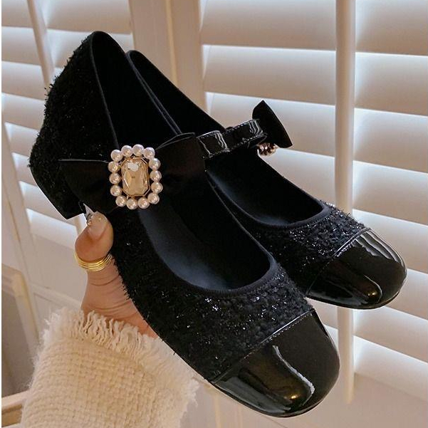 Giày Búp Bê Gót Dày Mũi Tròn Bằng Len mary jane Màu Hồng / Đen Phong Cách Trường Học Cho Nữ