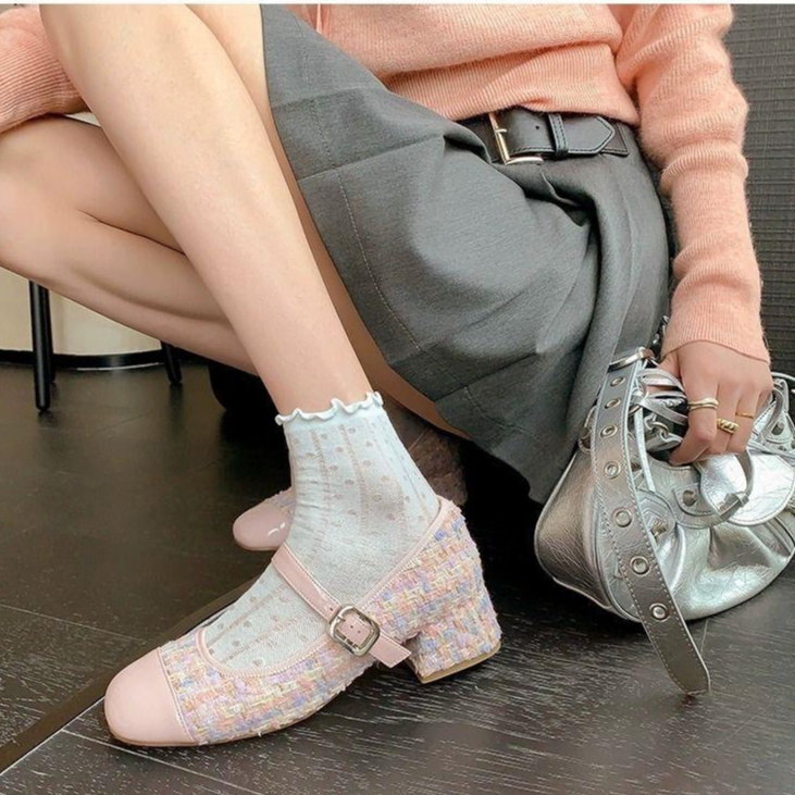 Giày Búp Bê Gót Dày Mũi Tròn Bằng Len mary jane Màu Hồng / Đen Phong Cách Trường Học Cho Nữ