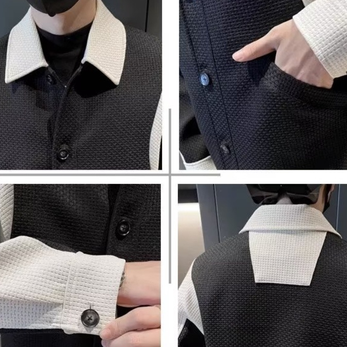 Áo khoác nam da pu cổ bẻ phối màu tương phản thời trang xuân thu chất lượng cao cho nam màu sắc Đen trắng tương thoải mái  màu sắc Đơn giản Áo khoác tay dài dáng rộng