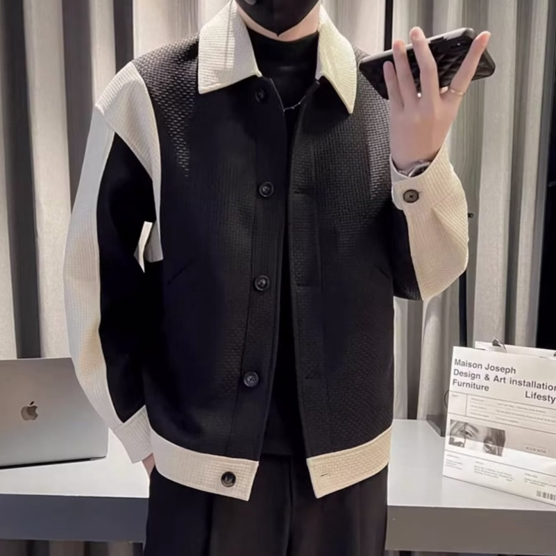 Áo khoác nam da pu cổ bẻ phối màu tương phản thời trang xuân thu chất lượng cao cho nam màu sắc Đen trắng tương thoải mái  màu sắc Đơn giản Áo khoác tay dài dáng rộng