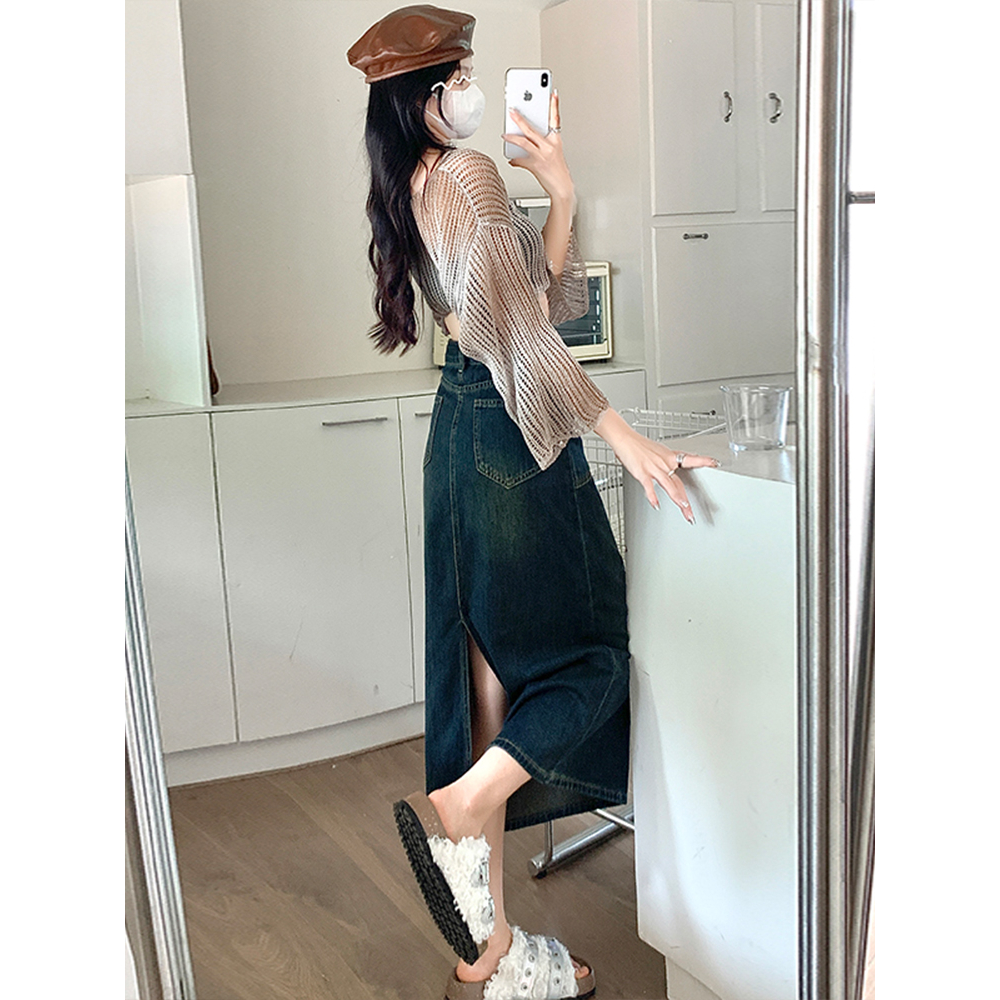 Xiaozhainv Chân váy jean Chữ a Lưng Cao Xẻ Tà Phong Cách vintage Hàn Quốc