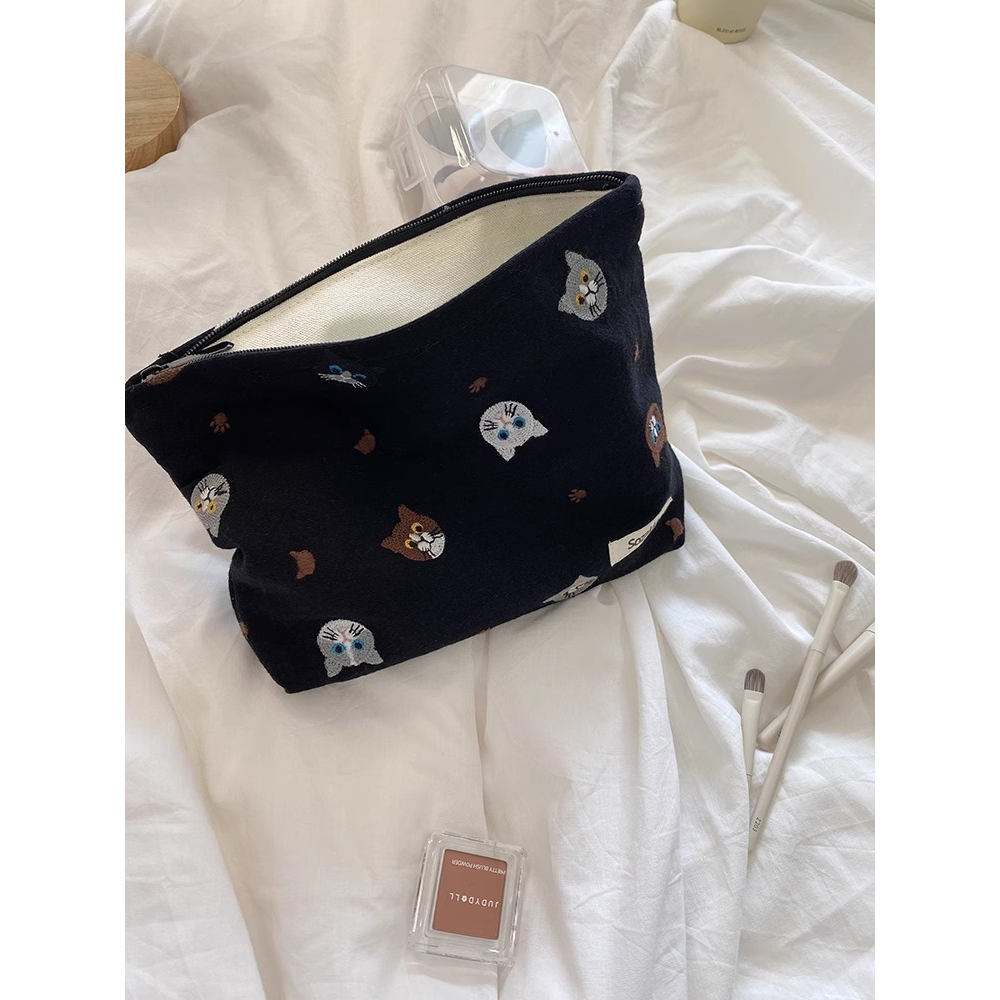 Ohaya Túi Đựng Mỹ Phẩm / Tiền Xu Bằng Vải Lanh cotton Thêu Hình Mèo Dễ Thương