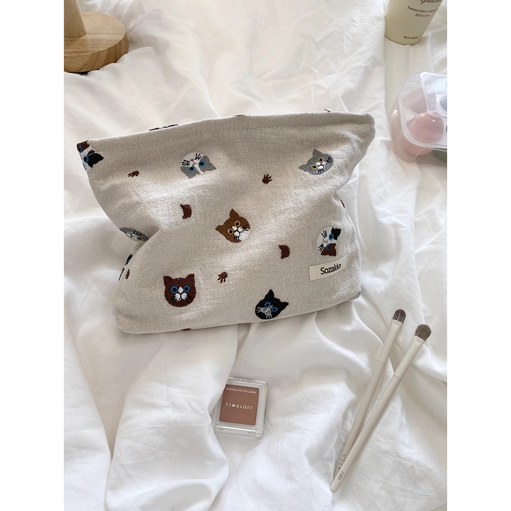 Ohaya Túi Đựng Mỹ Phẩm / Tiền Xu Bằng Vải Lanh cotton Thêu Hình Mèo Dễ Thương