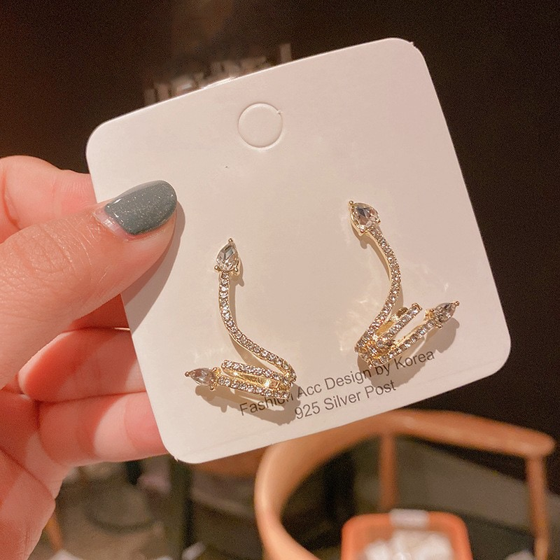 Bông Tai Mạ Bạc 925 Hình Rắn Đính Kim Cương Giả Thời Trang Hàn Quốc Cho Nữ