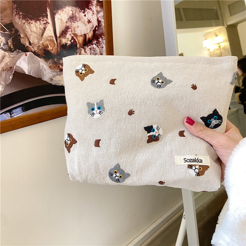 Ohaya Túi Đựng Mỹ Phẩm / Tiền Xu Bằng Vải Lanh cotton Thêu Hình Mèo Dễ Thương
