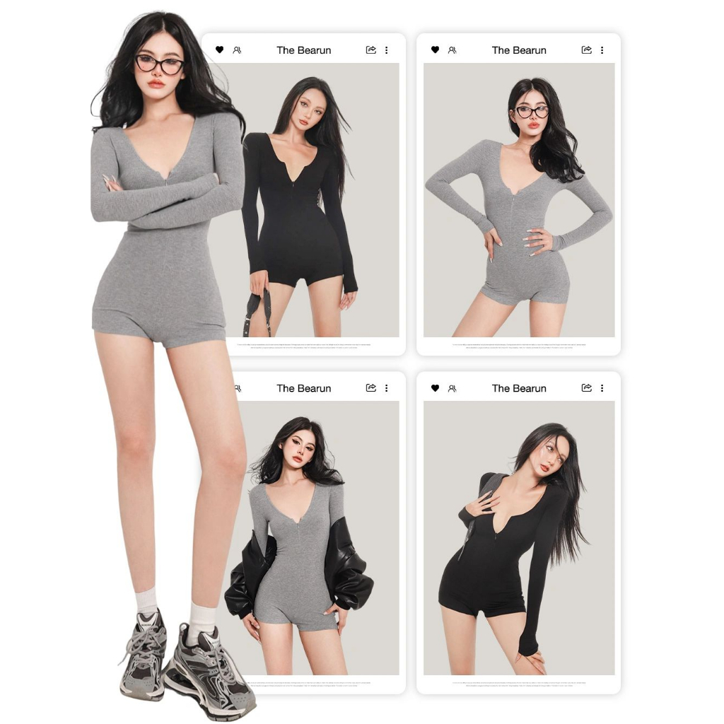 Black vn Áo liền quần Tay Dài Dáng Ôm Phối Nút Thời Trang Mùa Thu Cho Nữ