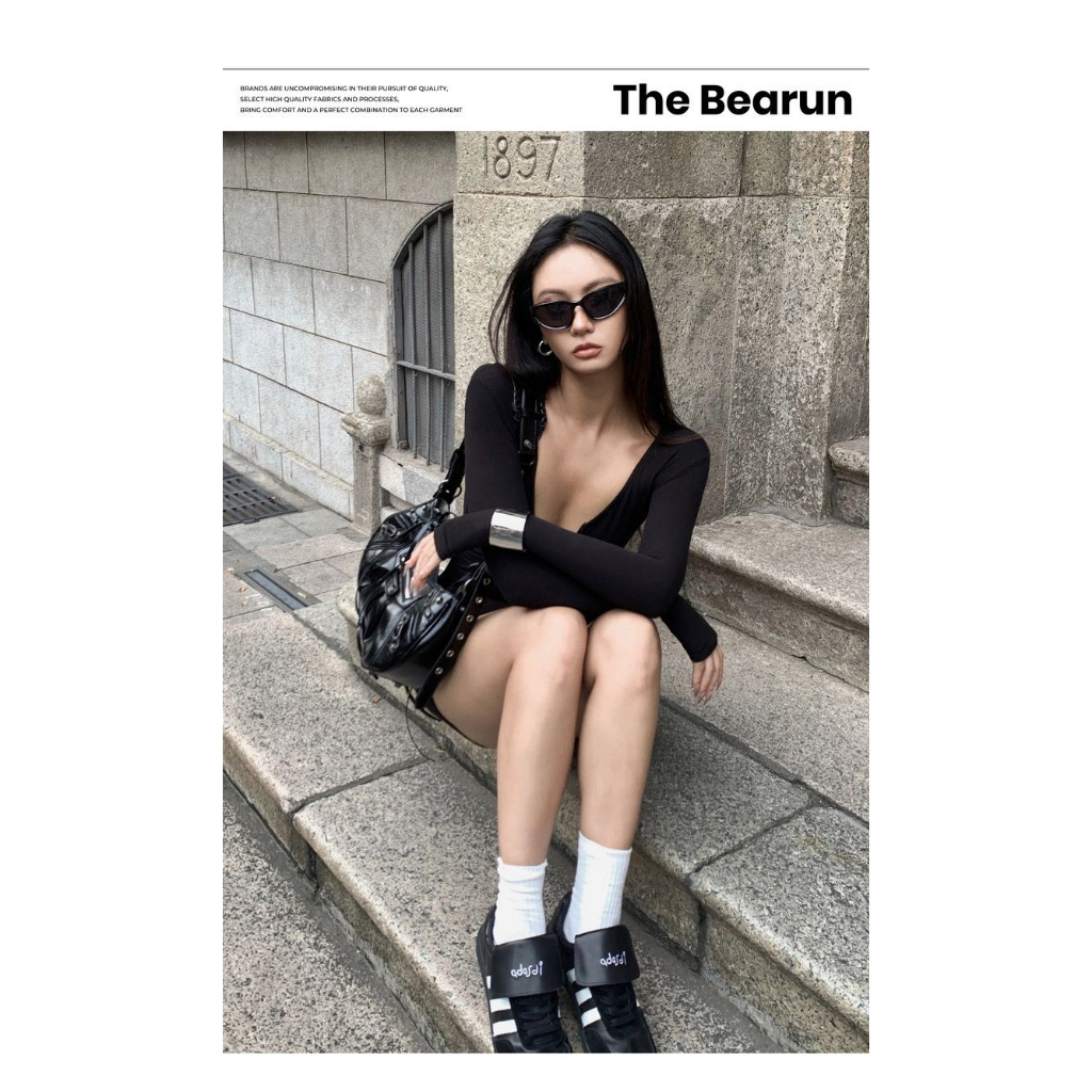 Black vn Áo liền quần Tay Dài Dáng Ôm Phối Nút Thời Trang Mùa Thu Cho Nữ