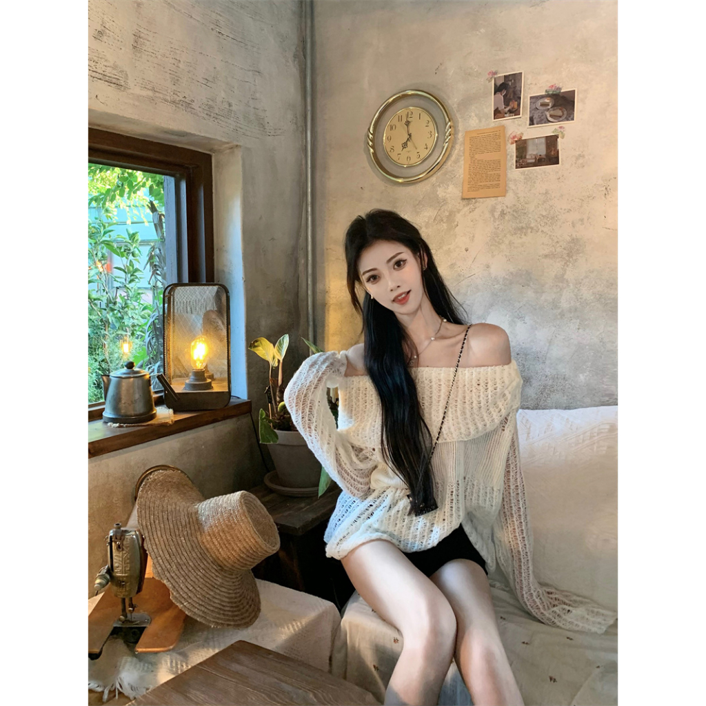 Áo sweater Dệt Kim Dáng Rộng Che Phủ Vai Và Viền Lông Đa Năng