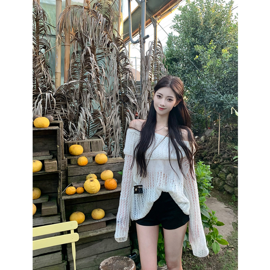 Áo sweater Dệt Kim Dáng Rộng Che Phủ Vai Và Viền Lông Đa Năng