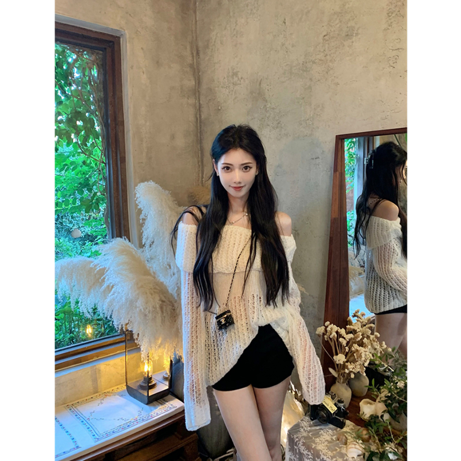 Áo sweater Dệt Kim Dáng Rộng Che Phủ Vai Và Viền Lông Đa Năng