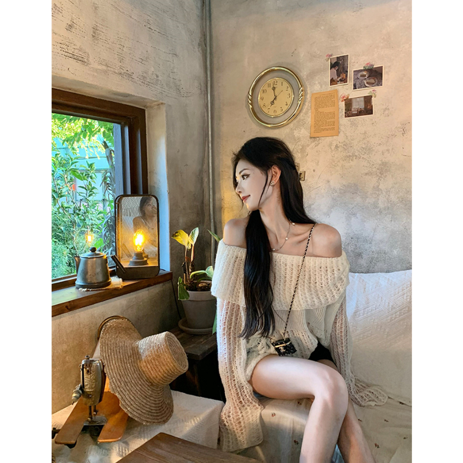 Áo sweater Dệt Kim Dáng Rộng Che Phủ Vai Và Viền Lông Đa Năng