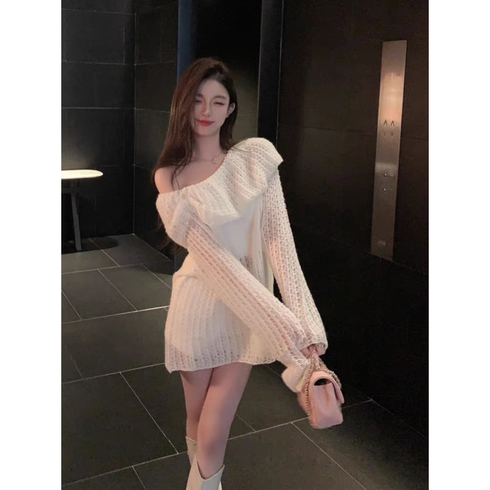Áo sweater Dệt Kim Dáng Rộng Che Phủ Vai Và Viền Lông Đa Năng