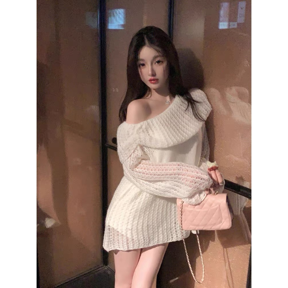 Áo sweater Dệt Kim Dáng Rộng Che Phủ Vai Và Viền Lông Đa Năng