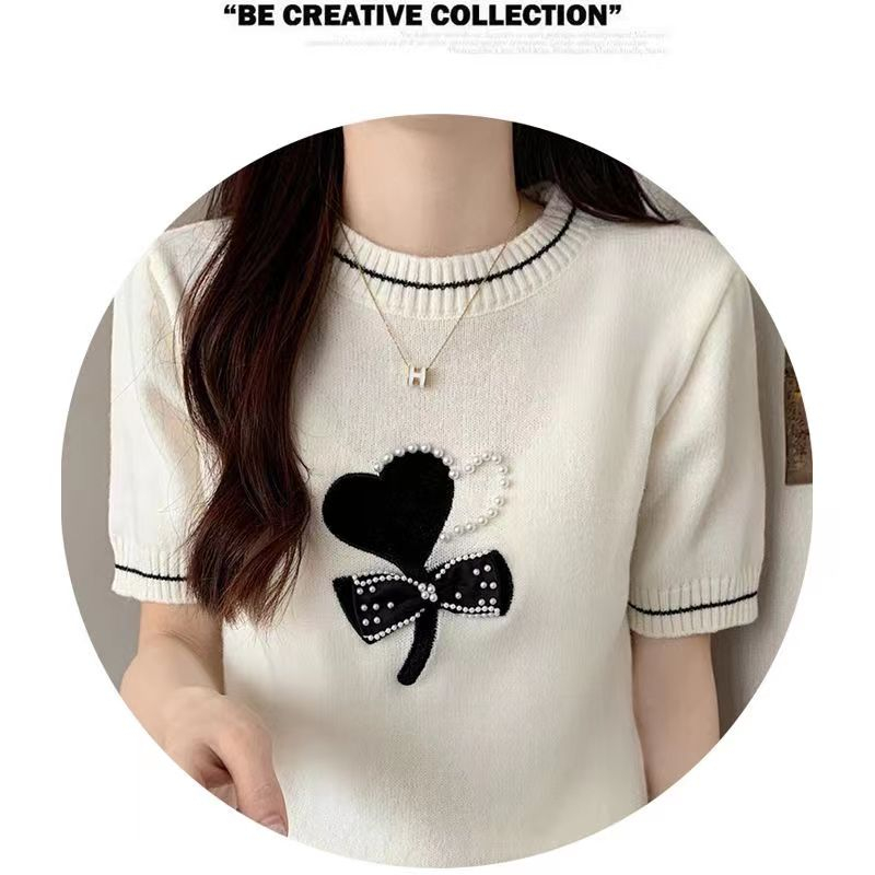 Áo Thun Dệt Kim Tay Ngắn Đính Nơ Phong Cách Phương Tây Thời Trang Mùa Hè Cho Nữ