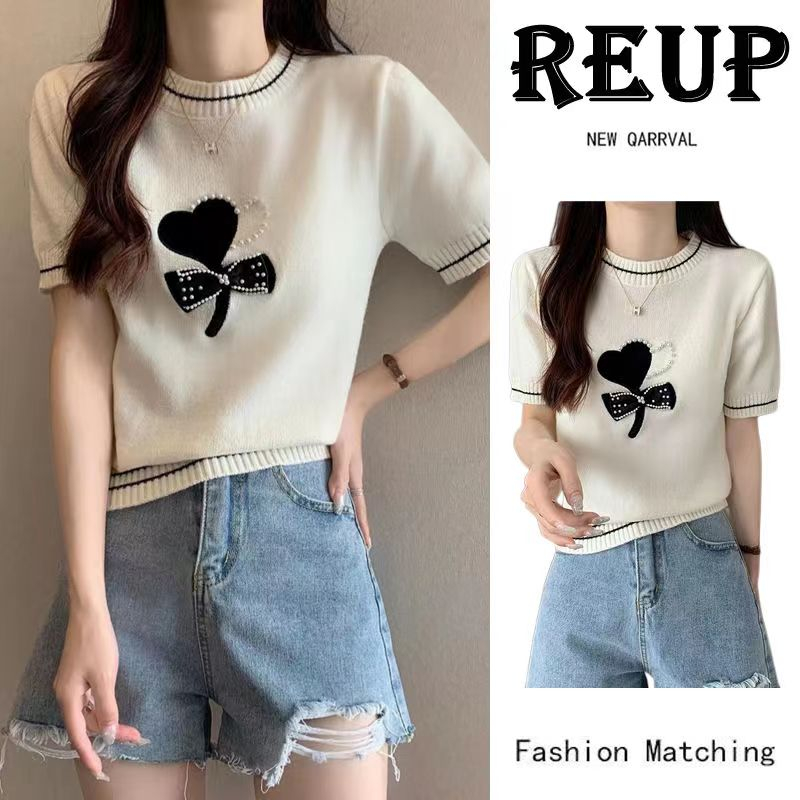Áo Thun Dệt Kim Tay Ngắn Đính Nơ Phong Cách Phương Tây Thời Trang Mùa Hè Cho Nữ
