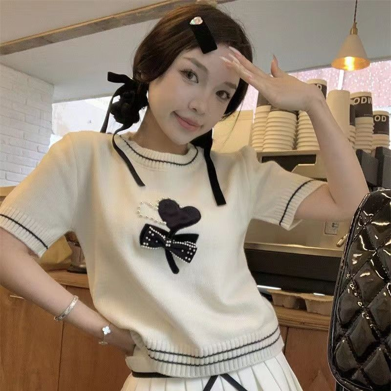 Áo Thun Dệt Kim Tay Ngắn Đính Nơ Phong Cách Phương Tây Thời Trang Mùa Hè Cho Nữ