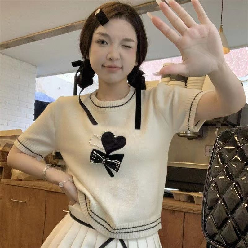 Áo Thun Dệt Kim Tay Ngắn Đính Nơ Phong Cách Phương Tây Thời Trang Mùa Hè Cho Nữ