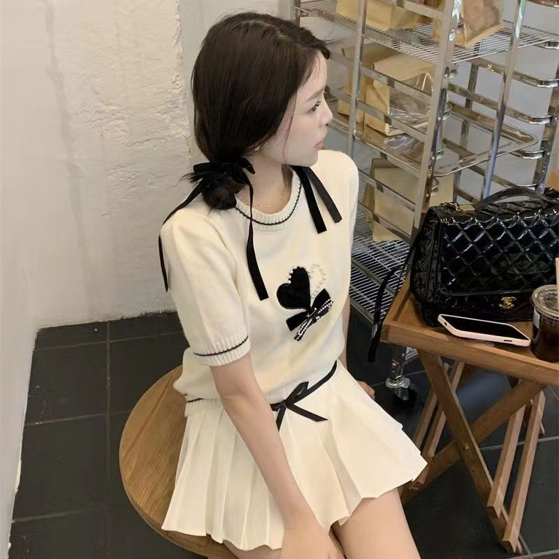 Áo Thun Dệt Kim Tay Ngắn Đính Nơ Phong Cách Phương Tây Thời Trang Mùa Hè Cho Nữ