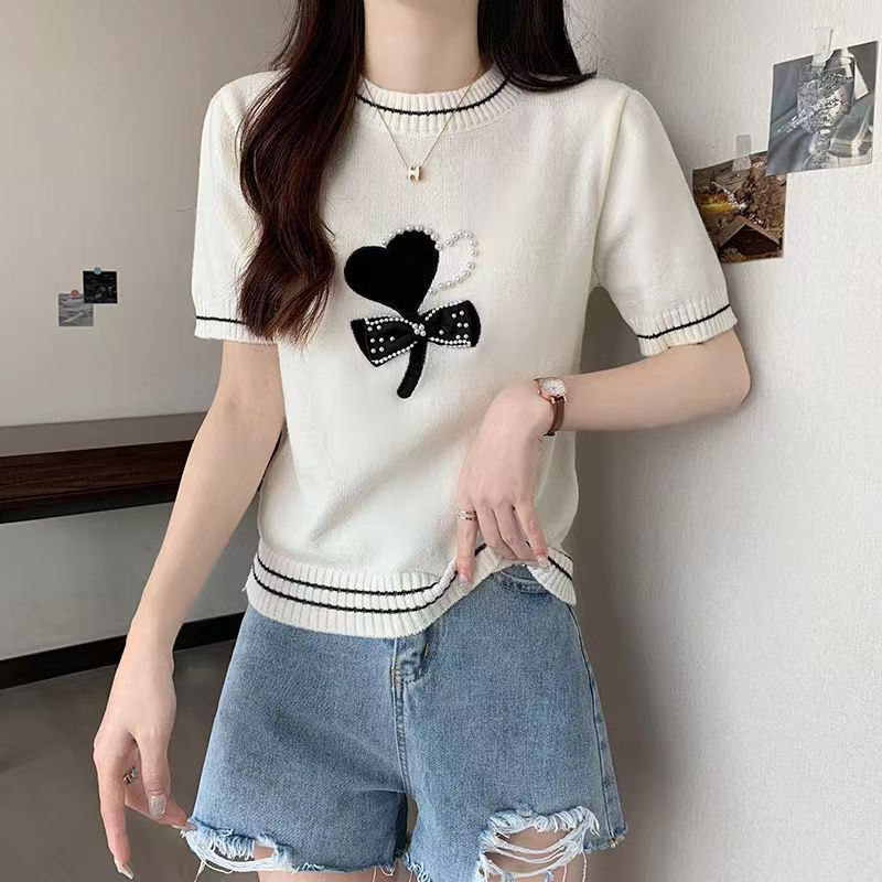 Áo Thun Dệt Kim Tay Ngắn Đính Nơ Phong Cách Phương Tây Thời Trang Mùa Hè Cho Nữ