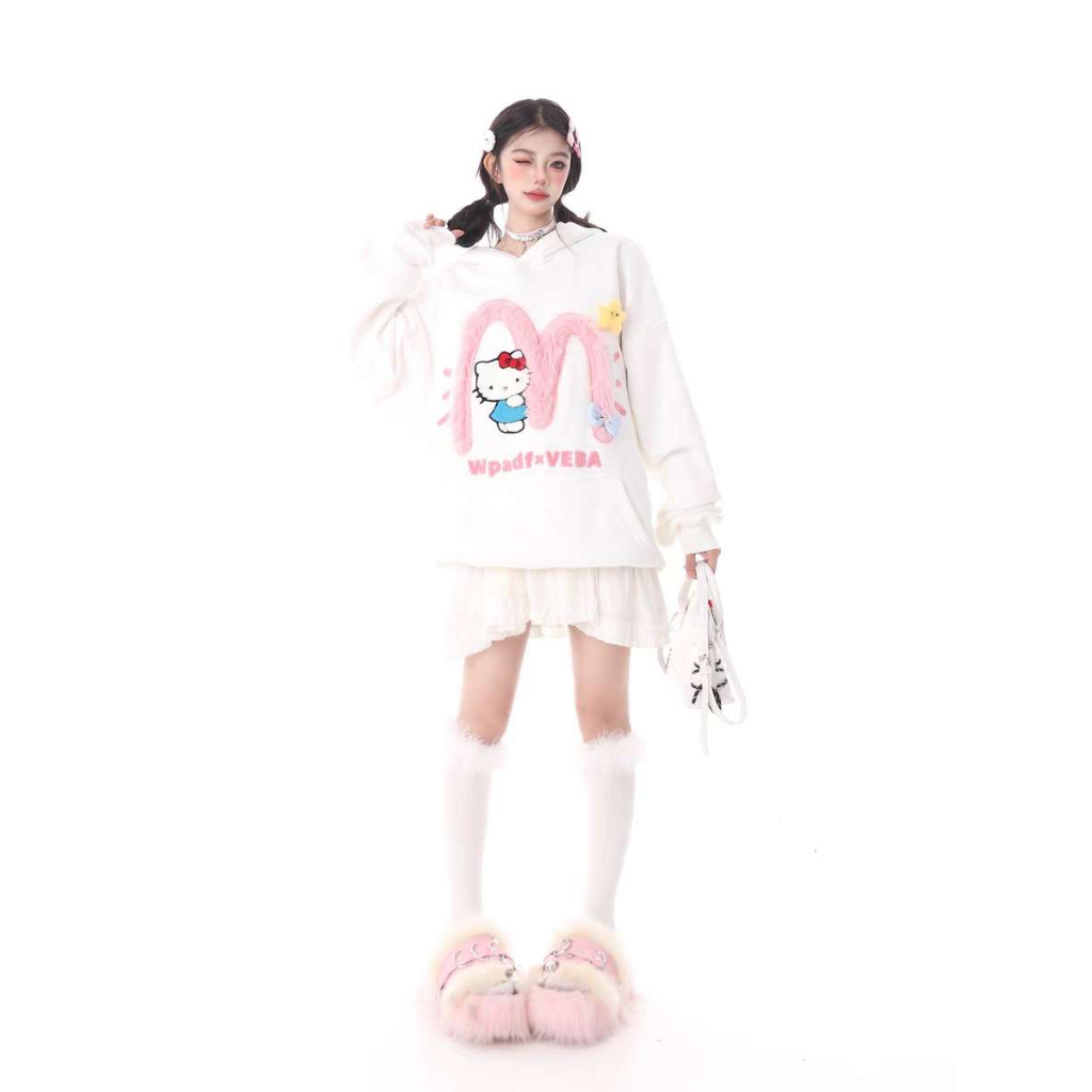 Áo hoodie áo len tay dài Dáng Rộng Thêu Họa Tiết Hello kitty Thời Trang Mùa Thu Dành Cho Cặp Đôi