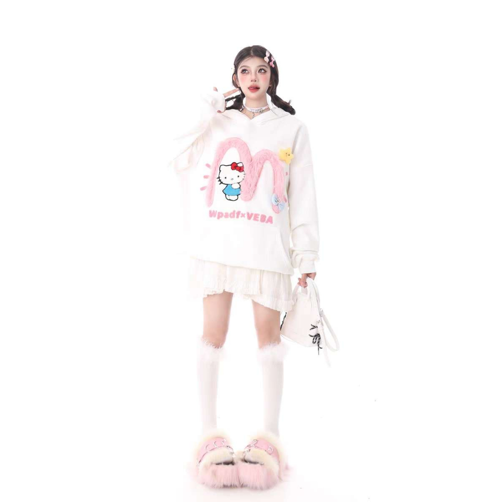 Áo hoodie áo len tay dài Dáng Rộng Thêu Họa Tiết Hello kitty Thời Trang Mùa Thu Dành Cho Cặp Đôi