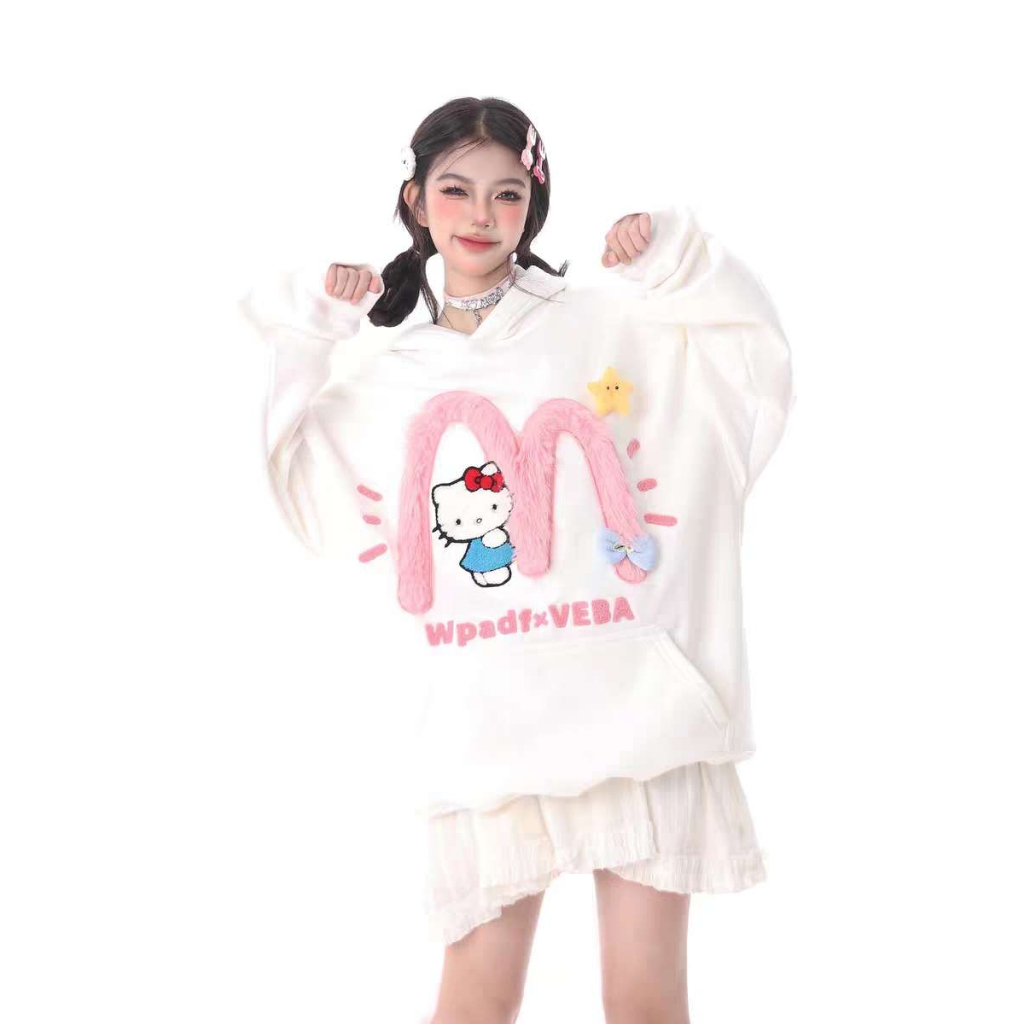 Áo hoodie áo len tay dài Dáng Rộng Thêu Họa Tiết Hello kitty Thời Trang Mùa Thu Dành Cho Cặp Đôi