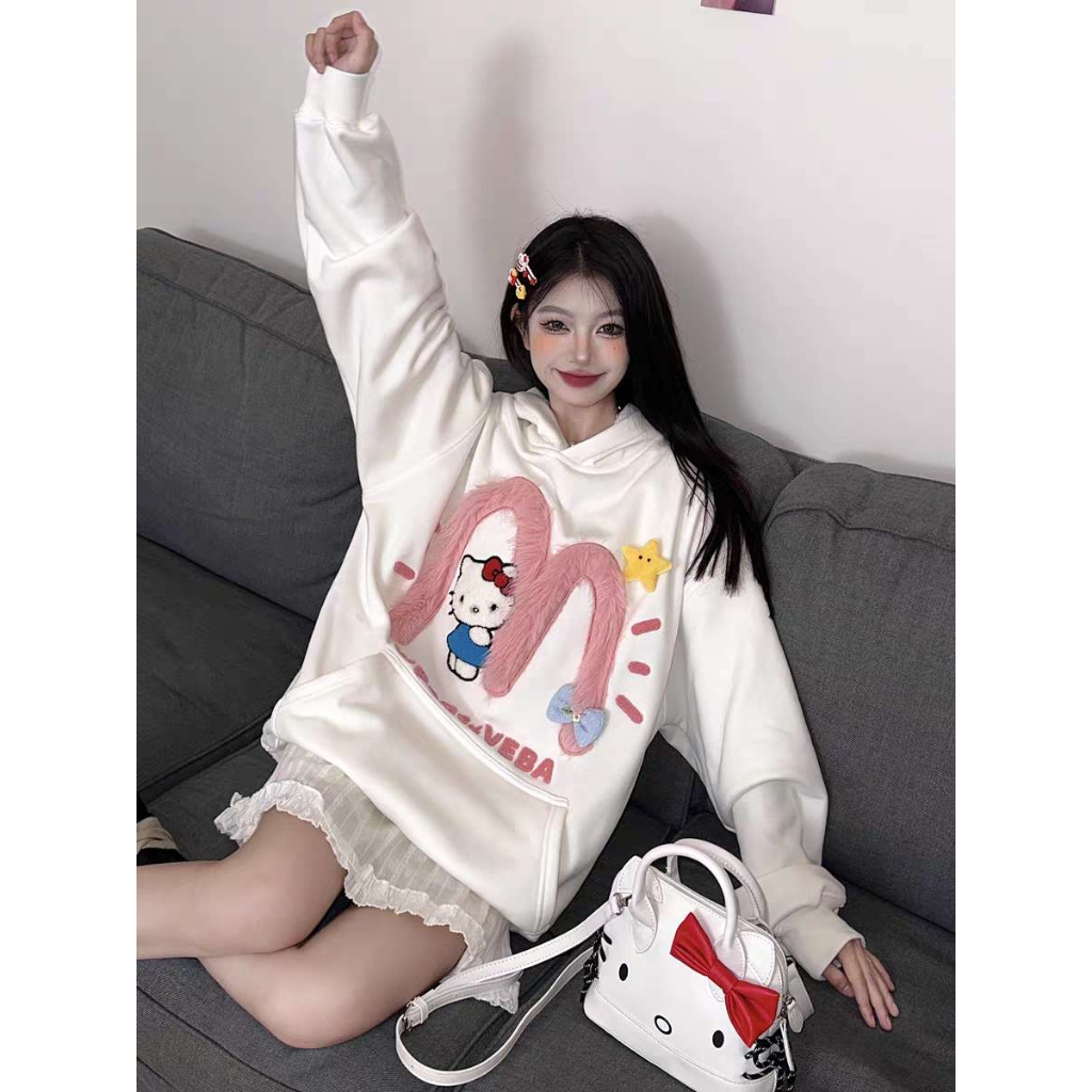 Áo hoodie áo len tay dài Dáng Rộng Thêu Họa Tiết Hello kitty Thời Trang Mùa Thu Dành Cho Cặp Đôi