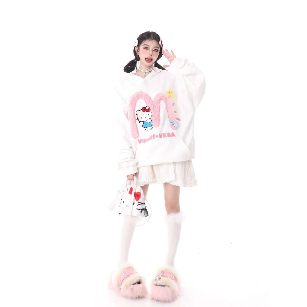 Áo hoodie áo len tay dài Dáng Rộng Thêu Họa Tiết Hello kitty Thời Trang Mùa Thu Dành Cho Cặp Đôi