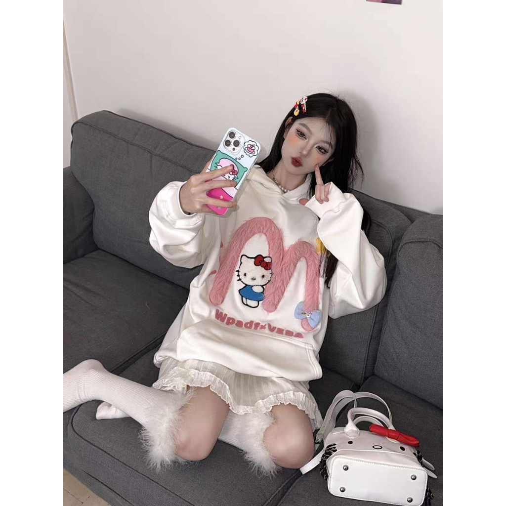 Áo hoodie áo len tay dài Dáng Rộng Thêu Họa Tiết Hello kitty Thời Trang Mùa Thu Dành Cho Cặp Đôi