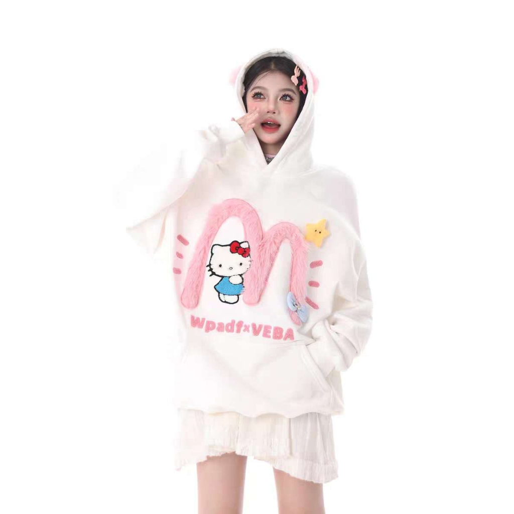 Áo hoodie áo len tay dài Dáng Rộng Thêu Họa Tiết Hello kitty Thời Trang Mùa Thu Dành Cho Cặp Đôi