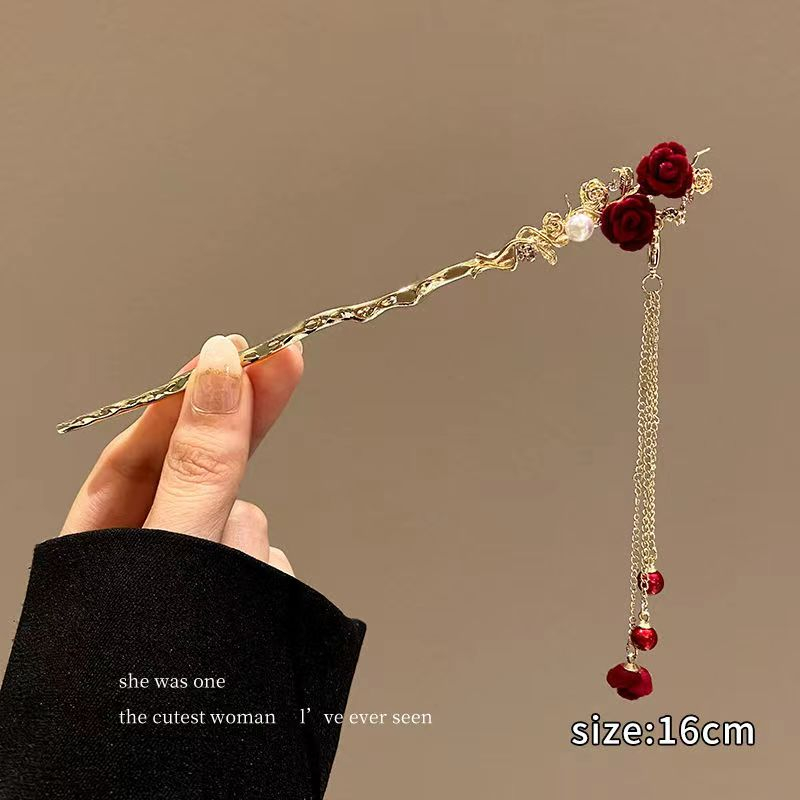 Trâm Cài Tóc Đính Hoa Hồng Tua Rua Phong Cách Cổ Điển Cho Cô Dâu