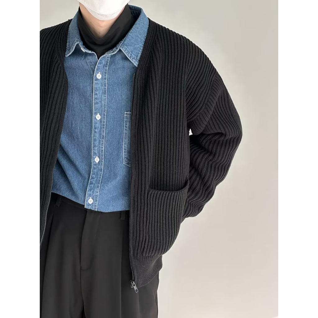 Áo Khoác cardigan Dệt Kim Dáng Rộng Màu Trơn Thời Trang Thu Đông Cho Nam