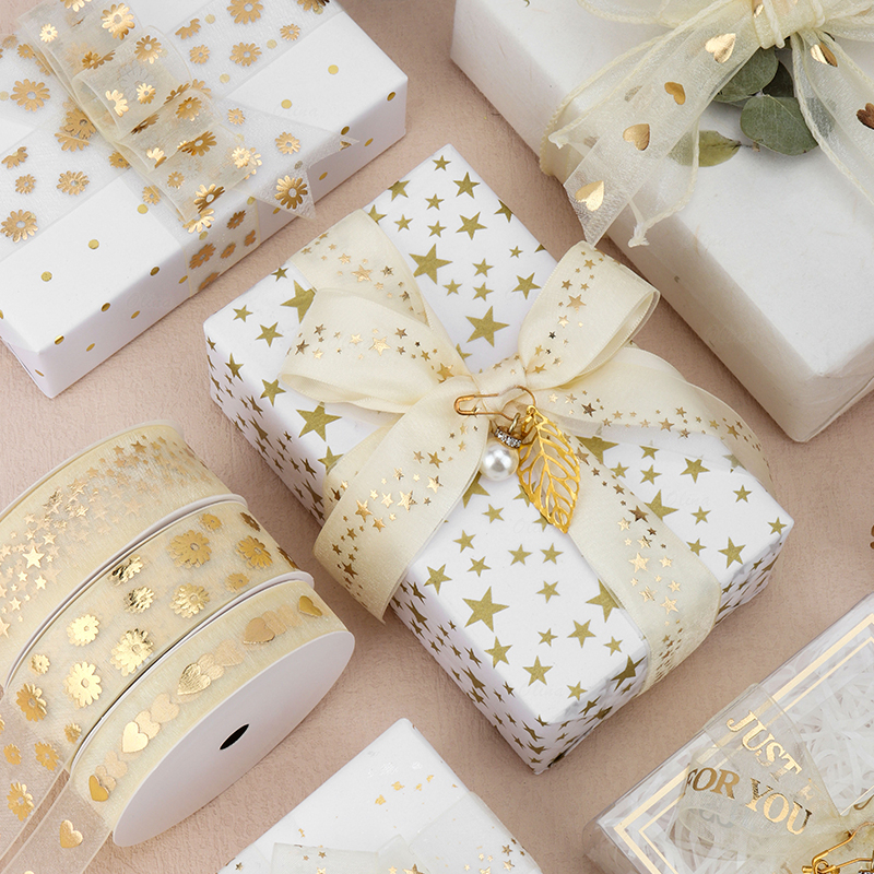 Cuộn Dây Ruy Băng organza Vàng 9.1Mres Dùng Trang Trí Gói Bánh Kem