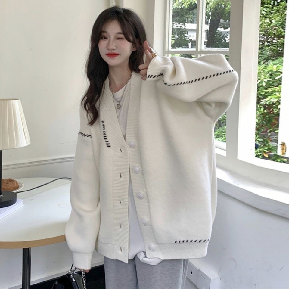áo khoác len cardigan trắng phối viền sọc đen chất len đẹp QCCC dáng rộng phong cách Hàn Quốc