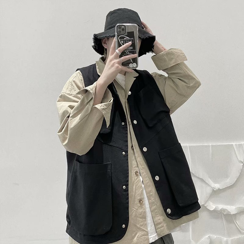 ♞Aff LIGA♞ Áo Khoác vest Trơn Cách Hàn Quốc Dáng Phối Nhiều Túi Phong Cách retro Thời Trang Mùa Thu 2023 Cho Nam