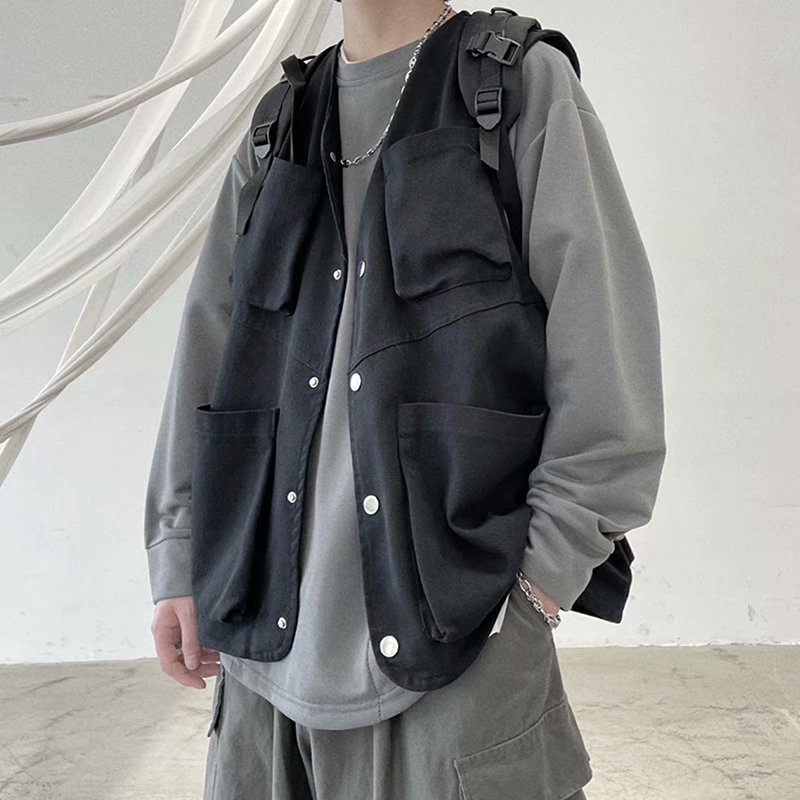 ♞Aff LIGA♞ Áo Khoác vest Trơn Cách Hàn Quốc Dáng Phối Nhiều Túi Phong Cách retro Thời Trang Mùa Thu 2023 Cho Nam