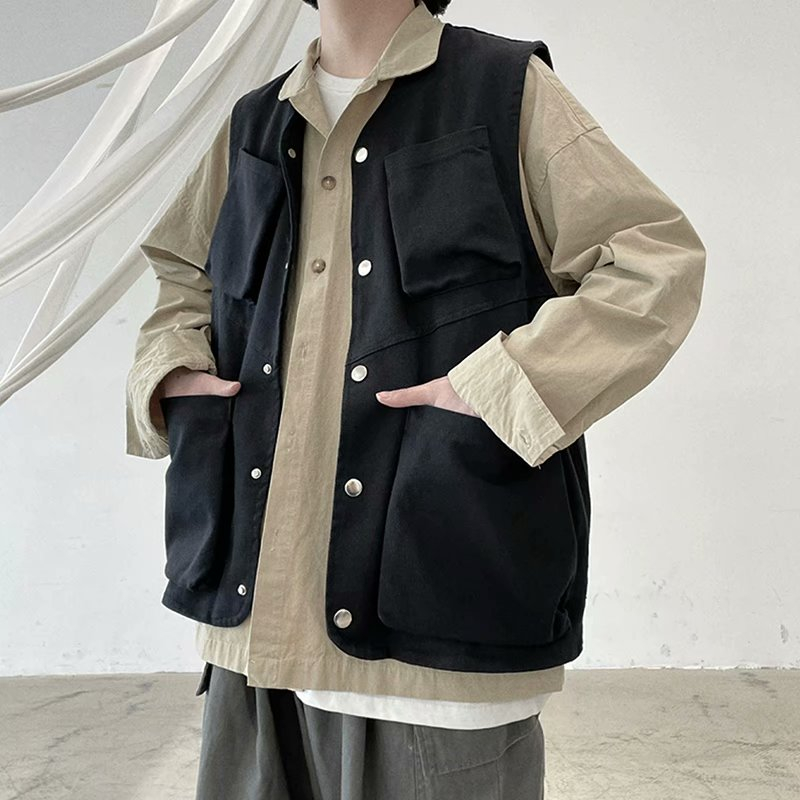 ♞Aff LIGA♞ Áo Khoác vest Trơn Cách Hàn Quốc Dáng Phối Nhiều Túi Phong Cách retro Thời Trang Mùa Thu 2023 Cho Nam