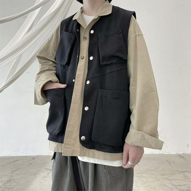 ♞Aff LIGA♞ Áo Khoác vest Trơn Cách Hàn Quốc Dáng Phối Nhiều Túi Phong Cách retro Thời Trang Mùa Thu 2023 Cho Nam