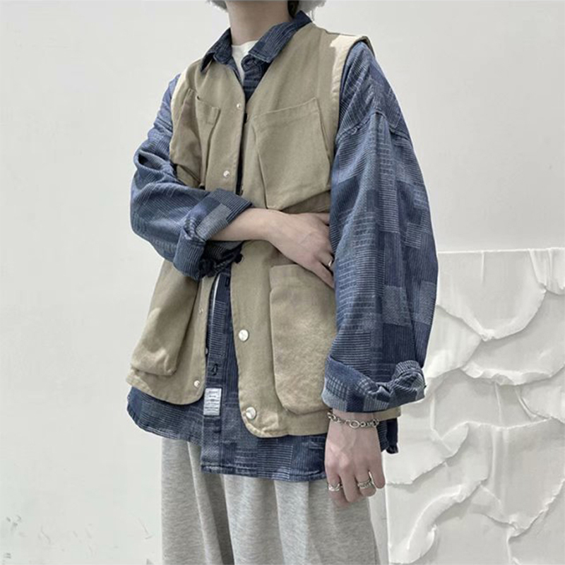 ♞Aff LIGA♞ Áo Khoác vest Trơn Cách Hàn Quốc Dáng Phối Nhiều Túi Phong Cách retro Thời Trang Mùa Thu 2023 Cho Nam