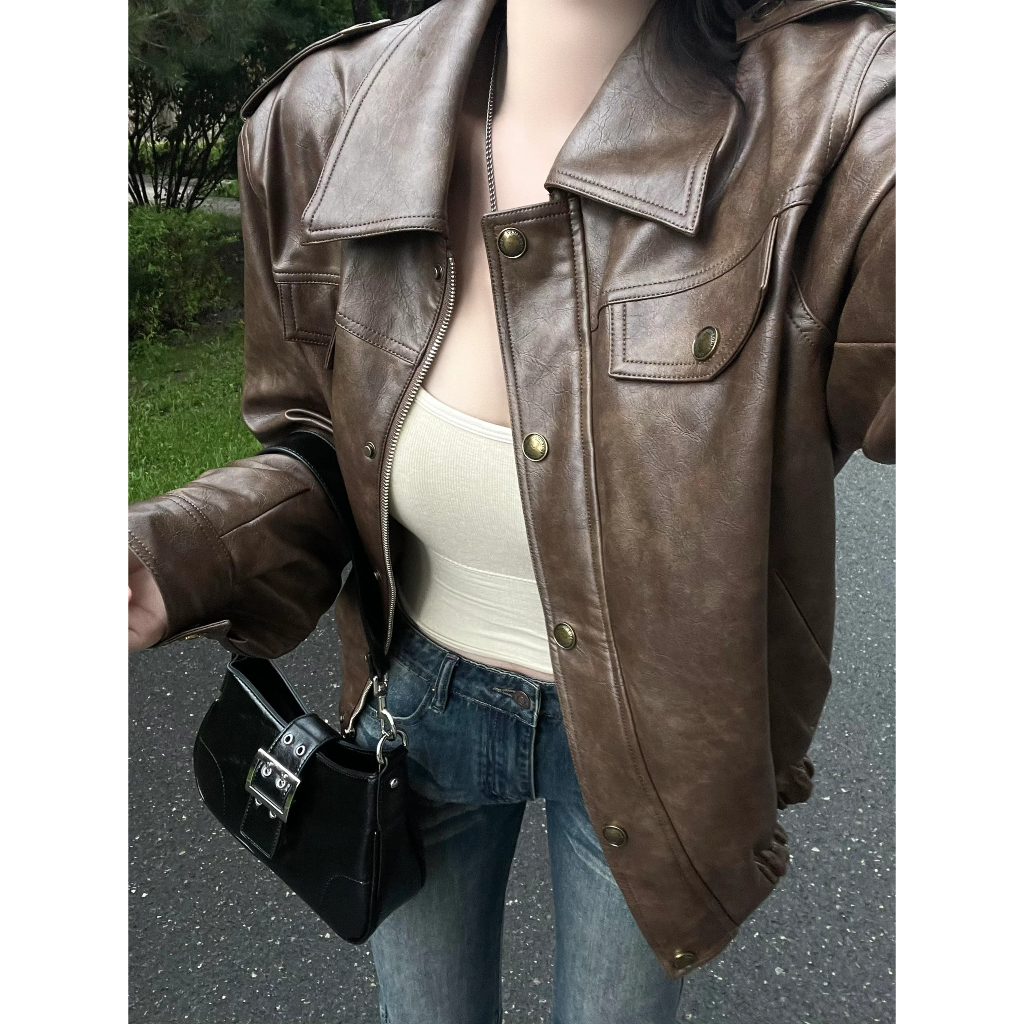 Xiaozhainv Áo Khoác Da pu Dài Tay Form Rộng Phong Cách retro Mỹ