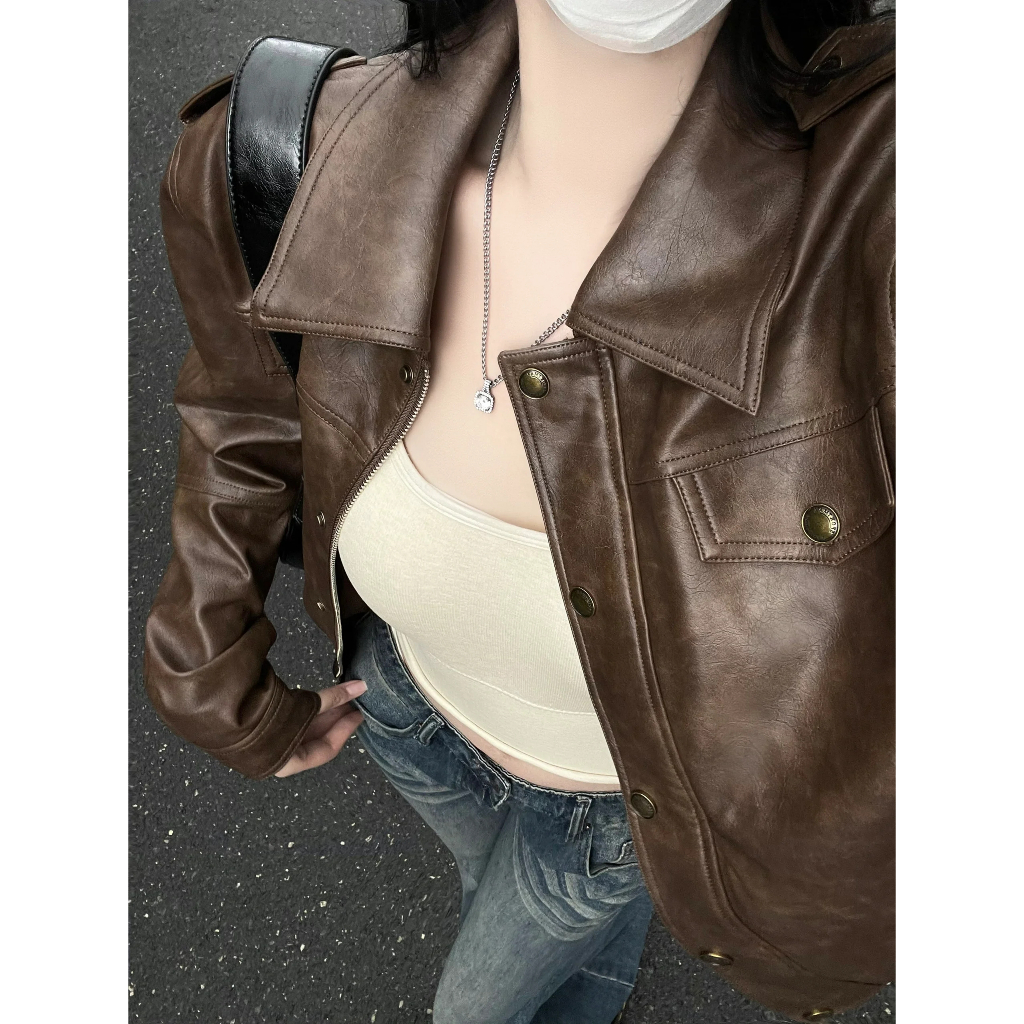 Xiaozhainv Áo Khoác Da pu Dài Tay Form Rộng Phong Cách retro Mỹ