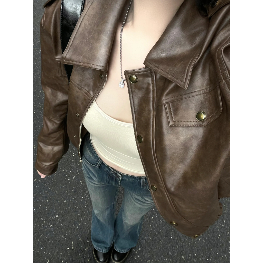 Xiaozhainv Áo Khoác Da pu Dài Tay Form Rộng Phong Cách retro Mỹ