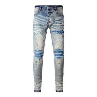 Amiri High Street Fashion Men Jeans Vintage Light Blue Tight Fit Blue Patched Process Design High Quality Button Men Denim Pants