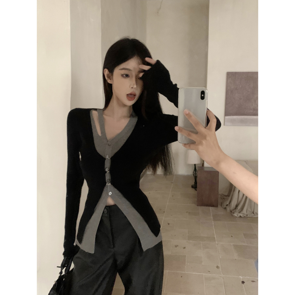 QADCOL Áo cardigan Dệt Kim Tay Dài Màu Sắc Tương Phản Thời Trang Mùa Thu Cho Nữ