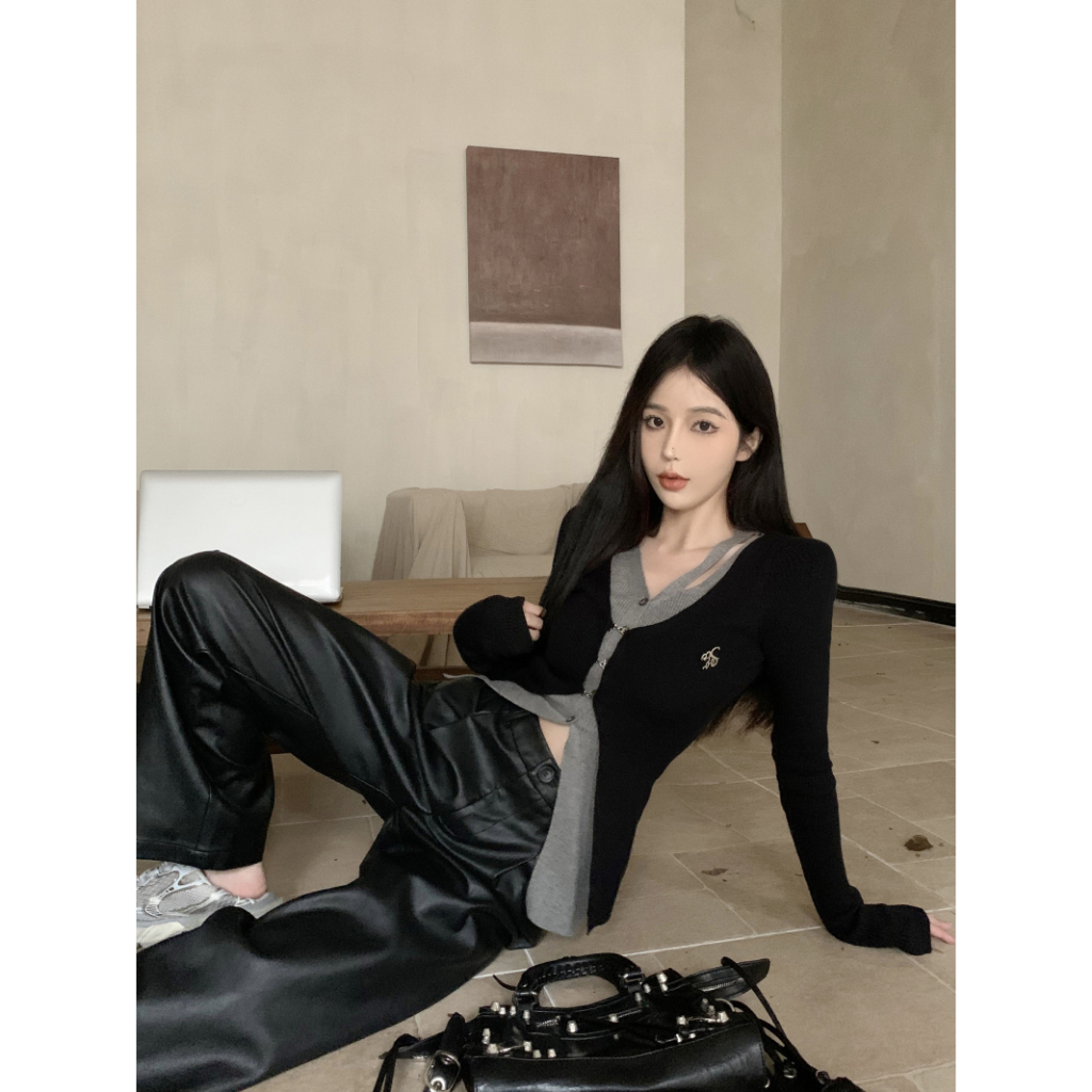 QADCOL Áo cardigan Dệt Kim Tay Dài Màu Sắc Tương Phản Thời Trang Mùa Thu Cho Nữ