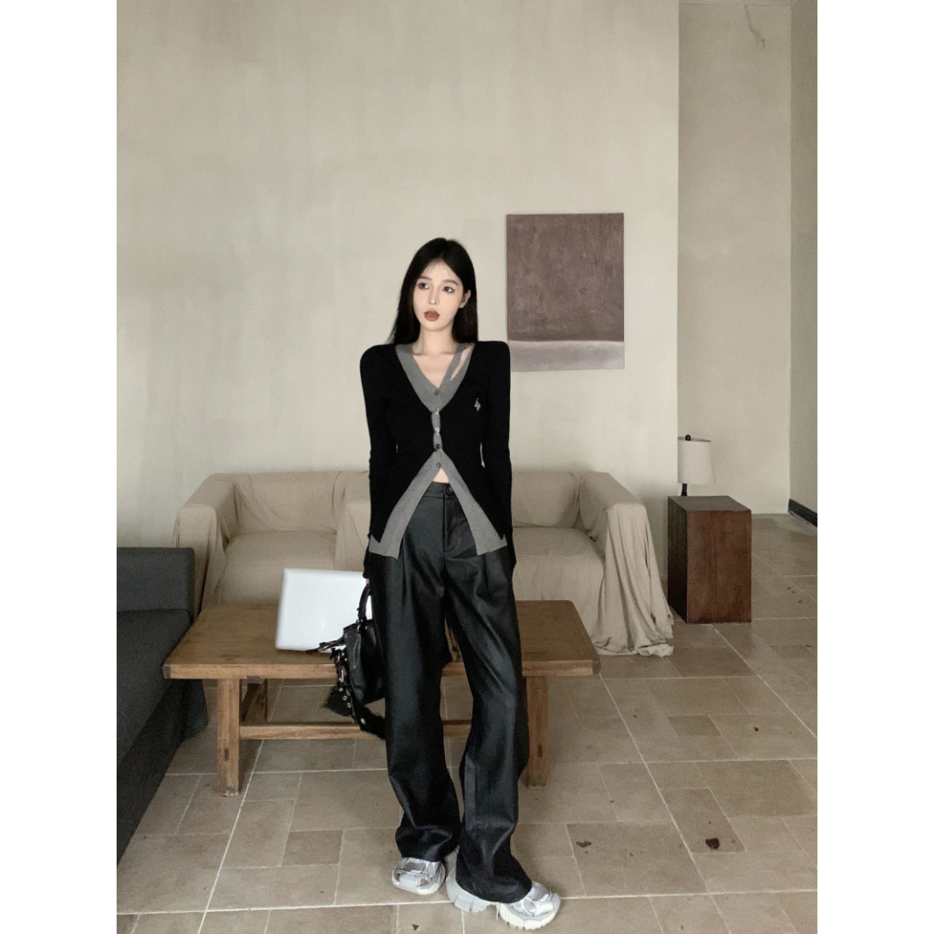 QADCOL Áo cardigan Dệt Kim Tay Dài Màu Sắc Tương Phản Thời Trang Mùa Thu Cho Nữ